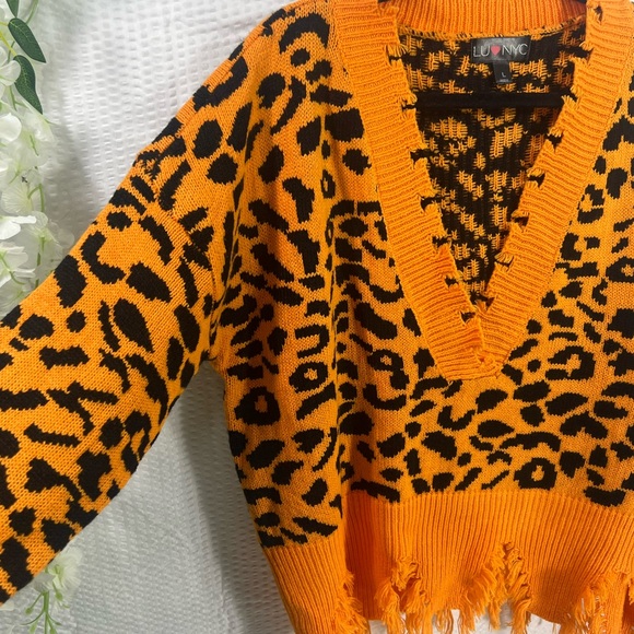 Cheetah Print Women's Fringe Drop Sleeve Crop Sweater Orange  Size L - Picture 10 of 13